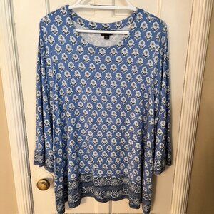 J. JILL 3/4-SLEEVE BLUE FLORAL TUNIC TOP; 1X; STRETCH; EXCELLENT CONDITION